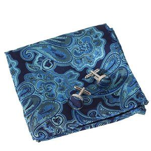 Mens Pocket Square & Cufflinks Set Paisley Blue